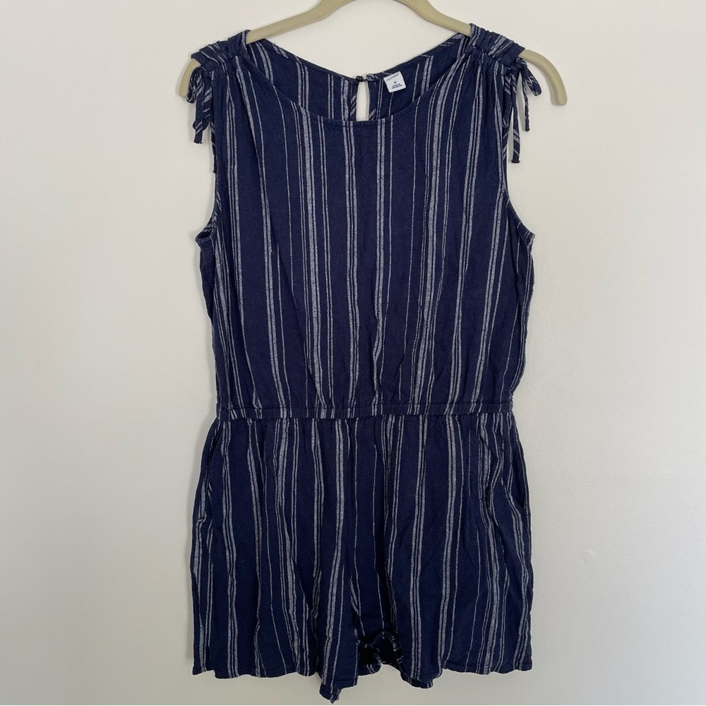 Old Navy Striped Linen Open Back Sleeveless Romper Navy White M
